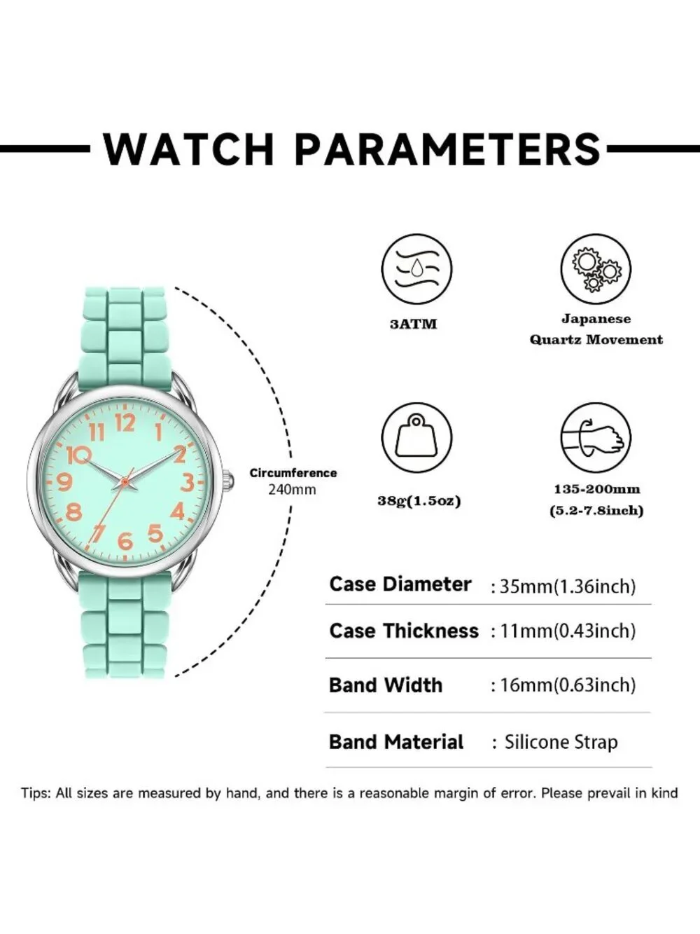 Women's Mint Big Face Easy Reader Silicone Strap Water Proof 35MM Wrist Watch